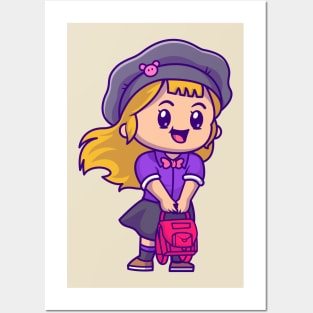 Cute Girl With Bag And Wearing Hat Cartoon Posters and Art